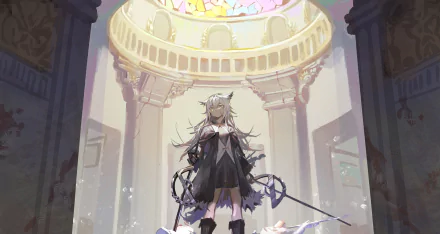 Lappland (Arknights) stands in a luminous cathedral hall beneath a stained-glass dome, blades and chains at her sides — 5K Ultra HD PC wallpaper/background, Arknights video game art.