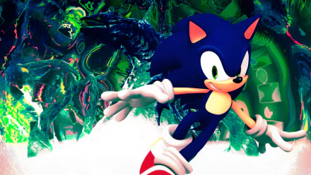 Sonic the Hedgehog races past Chaos amid swirling green water and crystalline shards in a vibrant Sonic Adventure 2K Quad HD PC desktop wallpaper.