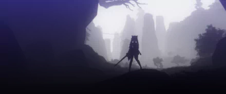 Silhouetted Keqing from Genshin Impact stands with a sword in a misty, rocky landscape, featured as an HD PC desktop wallpaper and background from the video game.