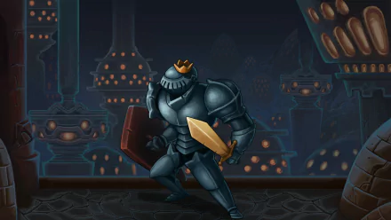 A dynamic HD desktop wallpaper featuring a knight in armor with a shield and sword, set against a striking background inspired by the video game Slay the Spire.
