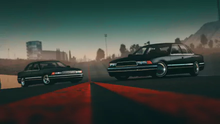 HD wallpaper featuring two cars on a road from the game BeamNG.drive with a dramatic backdrop.