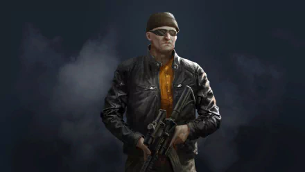 SCUM game character wallpaper with armed male character in leather jacket against a dark, clouded background for HD desktop.