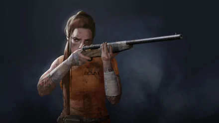 HD wallpaper featuring a character from the game SCUM aiming a shotgun with a focused expression, set against a dark, smoky background.