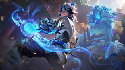 Ezreal from League of Legends showcased in dynamic action with glowing blue energy, featured in a 4K Ultra HD PC desktop wallpaper from the video game League of Legends.