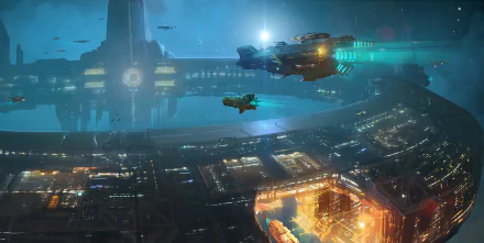 HD desktop wallpaper featuring a futuristic space station with spaceships and vibrant neon lights, set against a backdrop of deep space.