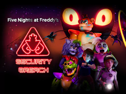 HD PC wallpaper featuring Glamrock Freddy, Gregory, and other characters from the video game Five Nights at Freddy's: Security Breach in a vibrant, neon-lit scene.