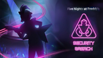 HD PC desktop wallpaper for the video game Five Nights at Freddy's: Security Breach — neon-lit silhouette of an animatronic against purple-blue lights with the glowing Security Breach logo.
