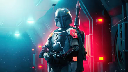 Boba Fett stands poised in futuristic armor inside a glowing sci-fi corridor, captured in a vibrant 4K Ultra HD Star Wars comic-style desktop wallpaper.