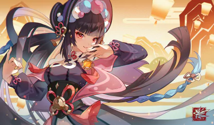 Yun Jin from the Genshin Impact video game, depicted in vibrant 4K Ultra HD PC desktop wallpaper: dynamic pose, flowing ribbons and opera-inspired costume against a golden sky.