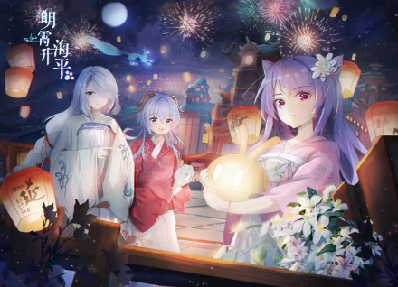 HD PC desktop wallpaper featuring Keqing, Ganyu, and Shenhe from the video game Genshin Impact, surrounded by lanterns and fireworks in a festive nighttime scene.