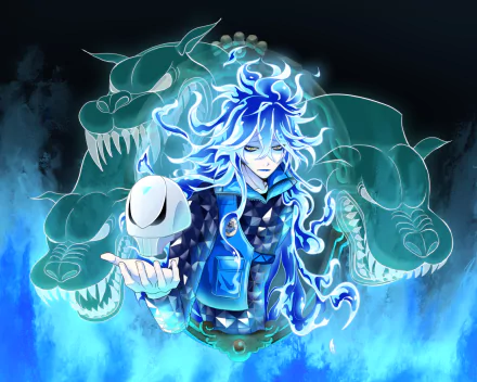 HD PC desktop wallpaper featuring Idia Shroud from the video game Twisted Wonderland, surrounded by glowing blue flames and ghostly serpent-like figures.