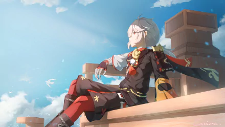 Kaedehara Kazuha from Genshin Impact is depicted sitting calmly against a bright blue sky in this 4K Ultra HD PC desktop wallpaper.