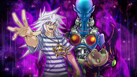 Yu-Gi-Oh! Duel Links HD wallpaper featuring colorful artwork of Yu-Gi-Oh! characters with a vibrant purple background.