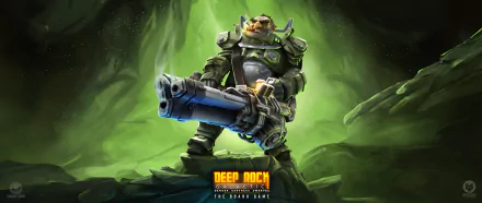 HD desktop wallpaper featuring an armored character from the game Deep Rock Galactic ready for action with a futuristic gun against a dynamic green background.