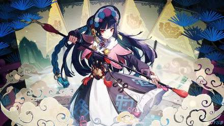 HD desktop wallpaper of Yun Jin from the video game Genshin Impact, featuring her poised with a staff against an ornate, stylized backdrop with clouds and fans.