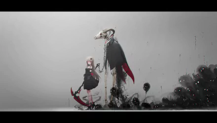 Anime girl with a scythe stands beside a tall, skeletal shadow figure with a skull head, set against a misty gray backdrop in this 4K Ultra HD PC desktop wallpaper.