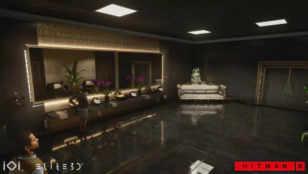 Hitman 3 HD desktop wallpaper featuring an in-game scene with a luxurious interior and reflective marble floors.