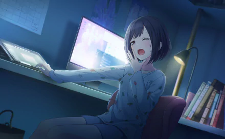 Ena Shinonome from Project Sekai: Colorful Stage! feat. Hatsune Miku yawns in pajamas at a glowing PC desk, framed as an HD desktop wallpaper background.