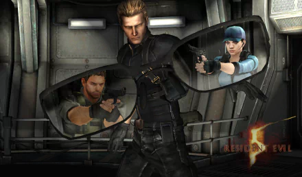 Resident Evil video game 2K Quad HD PC desktop wallpaper: central tactical male aims a gun in an industrial corridor, flanked by two inset characters — a rugged man and a blue-capped woman firing pistols.
