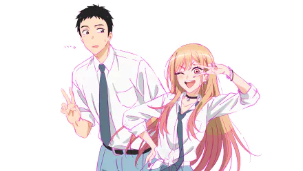 Wakana Gojo and Marin Kitagawa from My Dress-Up Darling pose energetically in this vibrant 4K Ultra HD anime desktop wallpaper.