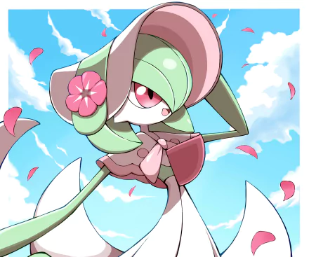 HD anime-style desktop wallpaper of Gardevoir from Pokémon, featuring vibrant colors and floating pink petals against a blue sky background.
