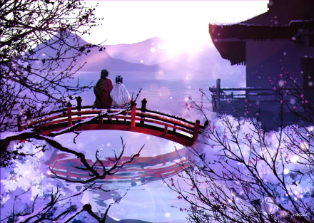 HD PC desktop wallpaper featuring Giyuu Tomioka and Shinobu Kochou from Demon Slayer: Kimetsu no Yaiba standing on a red bridge in a serene, purple-hued landscape.