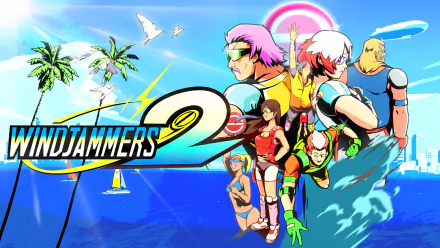 Windjammers 2 videogame characters in dynamic action poses set against a vibrant beach backdrop for HD desktop wallpaper.
