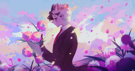 HD desktop wallpaper featuring Ranboo from Dream SMP holding pink flowers against a pastel sky, blending video game and YouTuber themes in a vibrant digital art style.