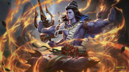 Blue-skinned Shiva (Smite) sits in a meditative battle pose amid swirling flames, trident and prayer beads visible — 4K Ultra HD PC desktop wallpaper from the video game Smite.