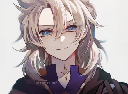 Close-up portrait of Albedo from Genshin Impact, pale-haired blue-eyed alchemist with a gentle smile; HD PC desktop wallpaper/background, video game artwork.