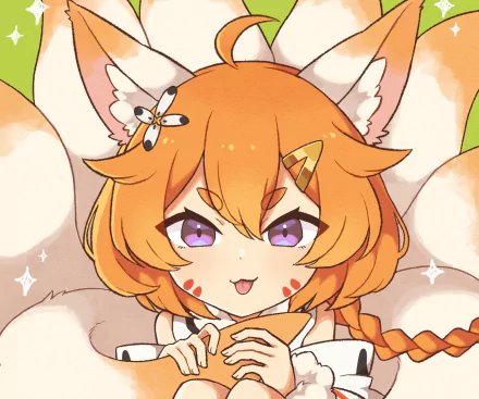 HD PC desktop wallpaper featuring Nari, a character from the video game Guardian Tales, with orange hair, fox ears, and purple eyes in an anime style.