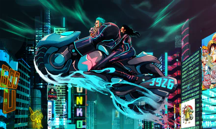 One Piece: Two Years Later wallpaper — Franky on a neon cyber-bike with Nico Robin and Tony Tony Chopper soaring through a glowing city skyline at night, HD desktop background.