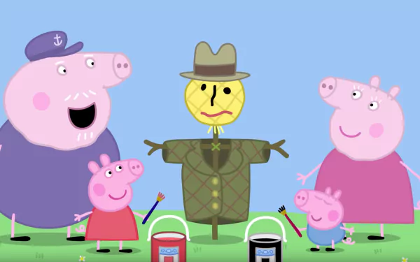 HD desktop wallpaper featuring Peppa Pig and family with a scarecrow on a vibrant green background.