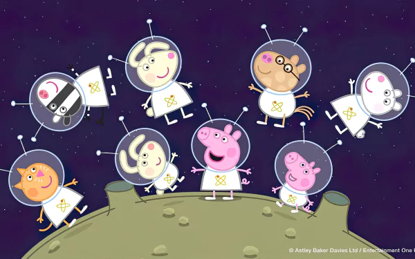 A colorful HD desktop wallpaper featuring Peppa Pig and friends in space, dressed in astronaut suits, exploring a whimsical alien planet against a starry backdrop.