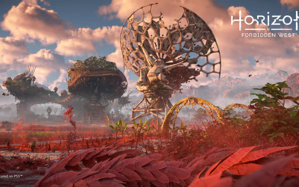 4K Ultra HD PC desktop wallpaper showcasing a dramatic landscape from the video game Horizon Forbidden West with mechanical structures and vibrant skies.