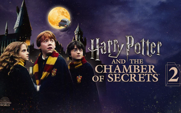 HD PC desktop wallpaper of Harry Potter, Ron Weasley and Hermione Granger in Hogwarts robes beneath a full moon, Hogwarts towers in the background and the title Harry Potter and the Chamber of Secrets with a 2 logo.