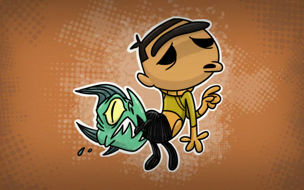 A playful HD desktop wallpaper featuring a character from the video game Oxygen Not Included, illustrated in a vibrant, cartoon style against a textured orange background.