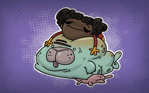 HD desktop wallpaper featuring a cute animated character napping on a friendly creature, themed after the game Oxygen Not Included, set against a purple dotted background.