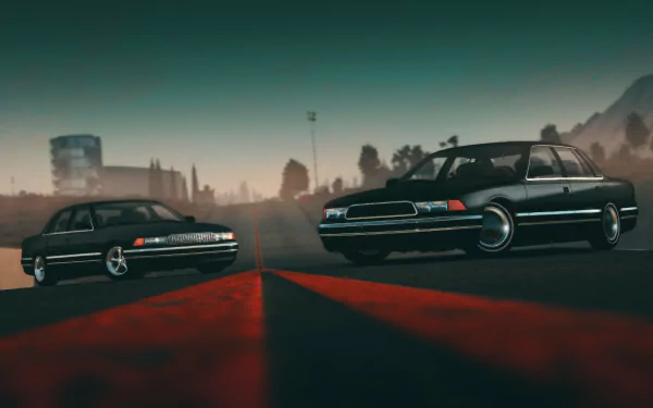 HD wallpaper featuring two cars on a road from the game BeamNG.drive with a dramatic backdrop.