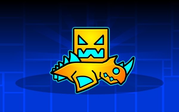 HD Geometry Dash icon wallpaper featuring a vibrant yellow and orange character on a blue grid background suitable for a desktop wallpaper and background.