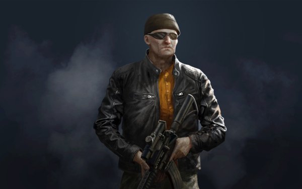 SCUM game character wallpaper with armed male character in leather jacket against a dark, clouded background for HD desktop.