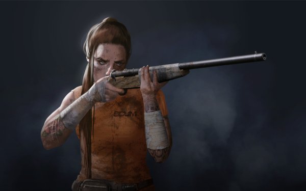 HD wallpaper featuring a character from the game SCUM aiming a shotgun with a focused expression, set against a dark, smoky background.
