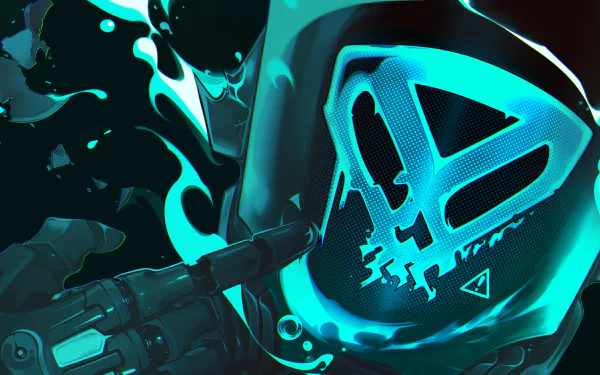 KAY/O (Valorant) close-up with glowing cyan helmet emblem and weapon, stylized HD PC desktop wallpaper background for the video game Valorant.