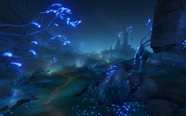 Enkanomiya (Genshin Impact) 4K Ultra HD PC wallpaper: bioluminescent ruins and glowing flora under blue-lit spires in a moody video game landscape.