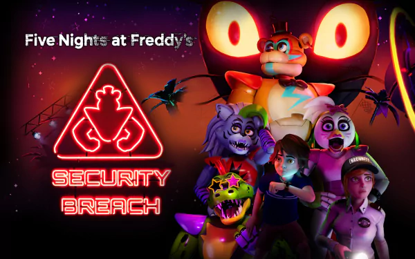 HD PC wallpaper featuring Glamrock Freddy, Gregory, and other characters from the video game Five Nights at Freddy's: Security Breach in a vibrant, neon-lit scene.