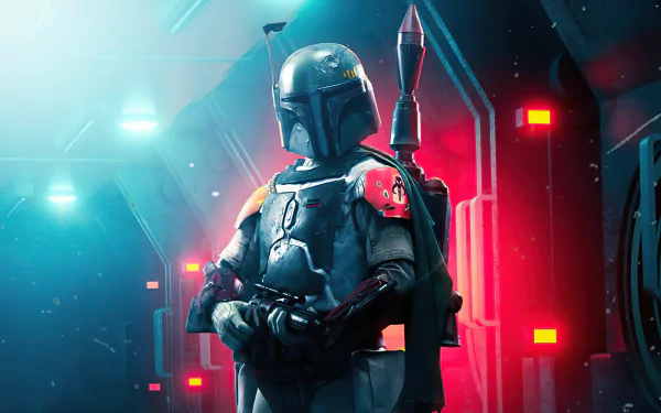 Boba Fett stands poised in futuristic armor inside a glowing sci-fi corridor, captured in a vibrant 4K Ultra HD Star Wars comic-style desktop wallpaper.