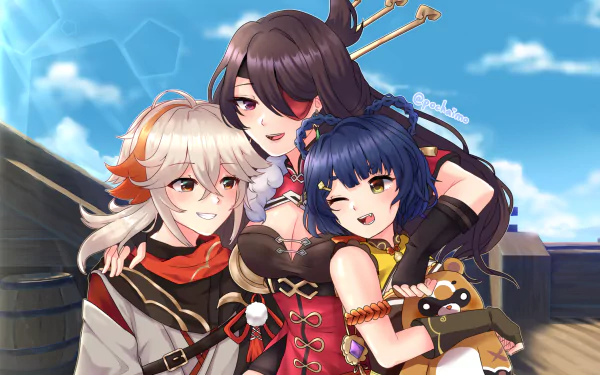 Guoba (Genshin Impact) Xiangling (Genshin Impact) Beidou (Genshin Impact) Kaedehara Kazuha (Genshin Impact) video game Genshin Impact HD Desktop Wallpaper | Background Image