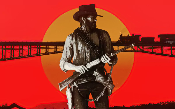 Arthur Morgan from Red Dead Redemption 2 stands with a rifle against a vivid red and orange sunset, with a western train crossing a bridge in the background.