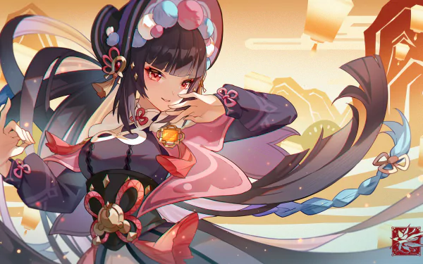 Yun Jin from the Genshin Impact video game, depicted in vibrant 4K Ultra HD PC desktop wallpaper: dynamic pose, flowing ribbons and opera-inspired costume against a golden sky.