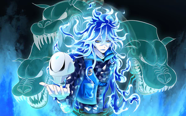HD PC desktop wallpaper featuring Idia Shroud from the video game Twisted Wonderland, surrounded by glowing blue flames and ghostly serpent-like figures.